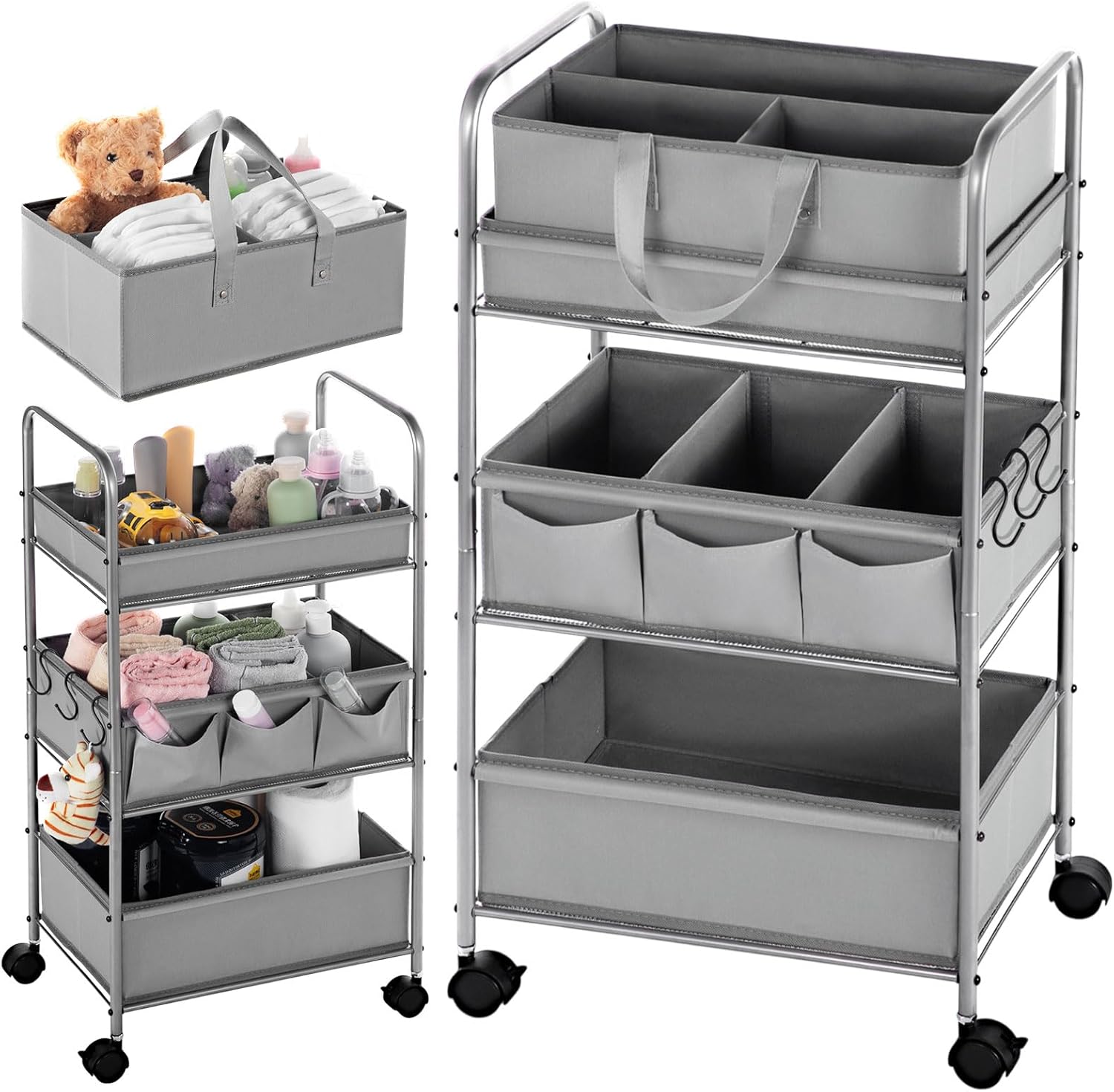 Honeydak 2in1 Baby Diaper Caddy Organizer Cart 3 Tier Large Capacity Metal Utility Bedside Rolling