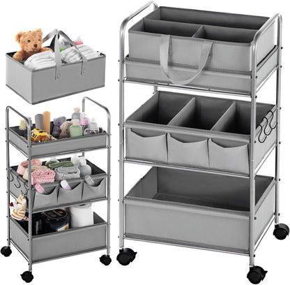 Honeydak 2in1 Baby Diaper Caddy Organizer Cart 3 Tier Large Capacity Metal Utility Bedside Rolling