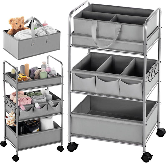 Honeydak 2in1 Baby Diaper Caddy Organizer Cart 3 Tier Large Capacity Metal Utility Bedside Rolling