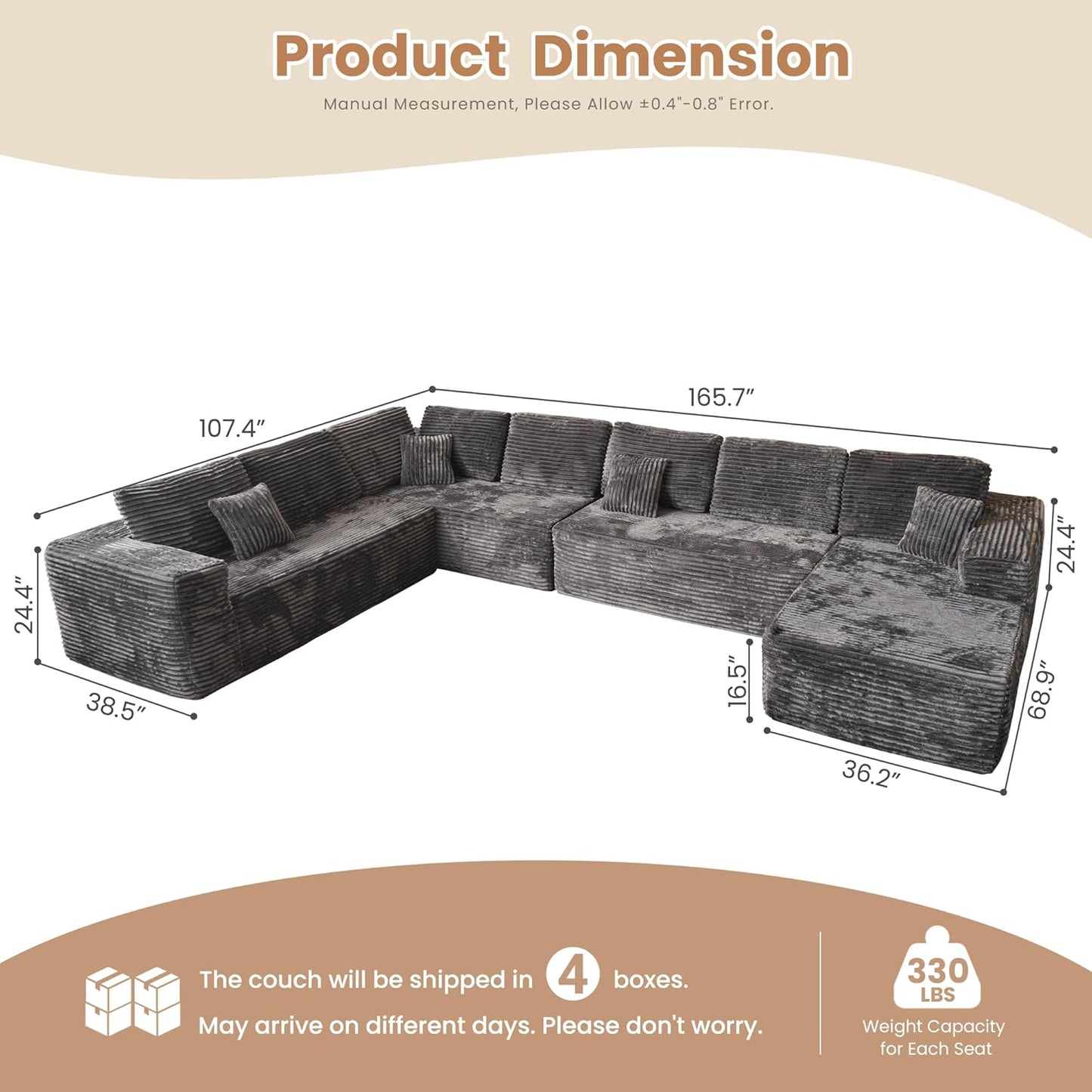 HOOOWOOO Cloud Sectional Couches for Living Room,Modular Sectional Sofa No Assembly,165X110 Inch