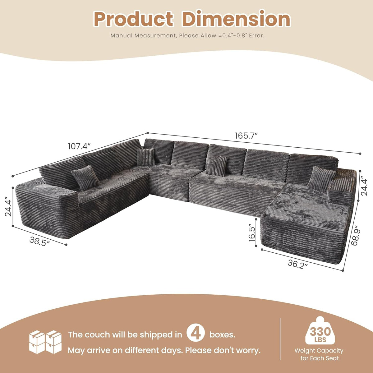 HOOOWOOO Cloud Sectional Couches for Living Room,Modular Sectional Sofa No Assembly,165X110 Inch