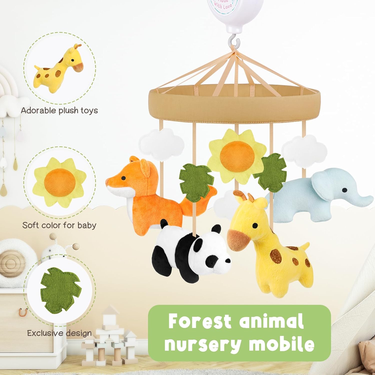 Animals Crib Mobile - Safari Baby Mobile for Crib with 12 Lullabies for Boys & Girls, Musical Baby