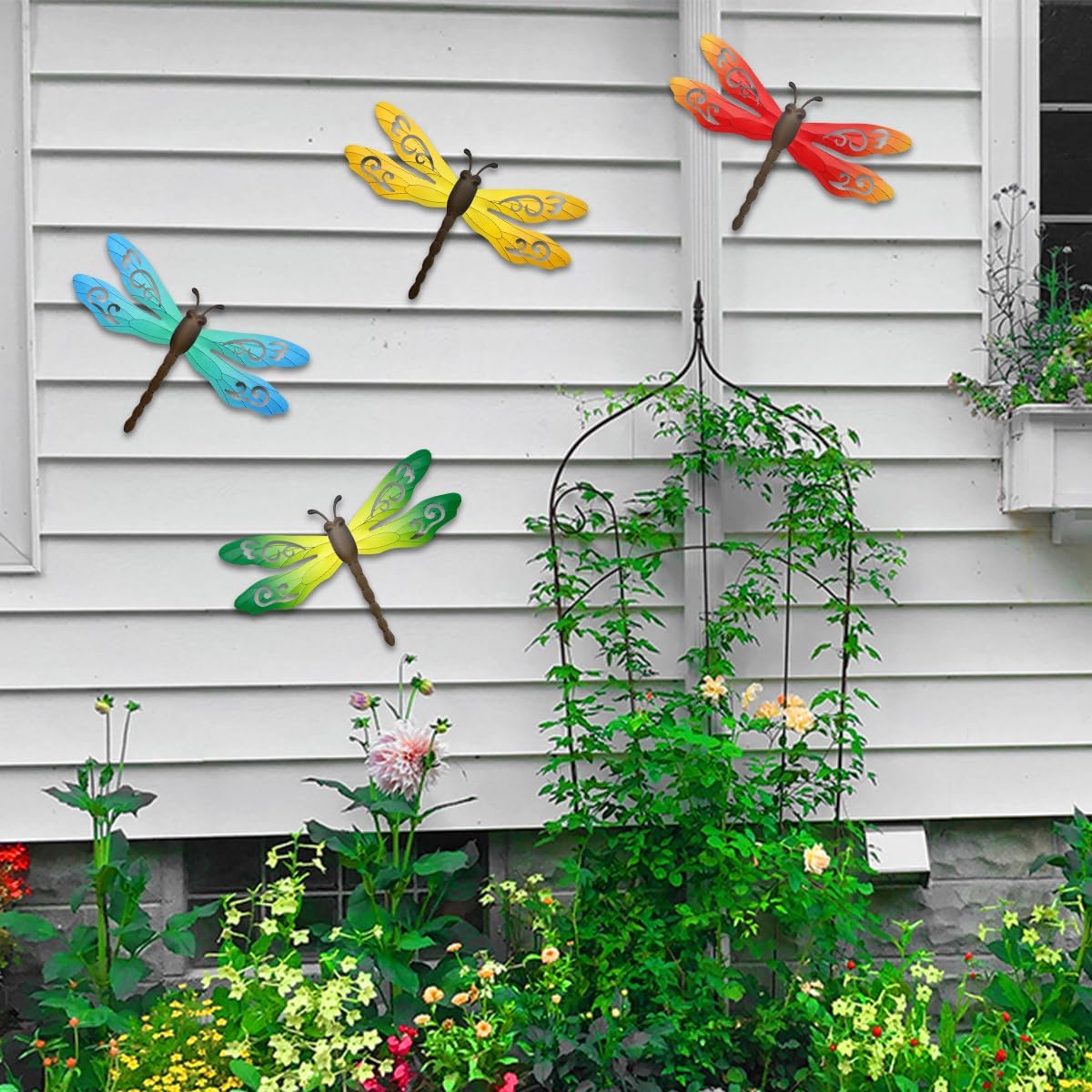 Metal Dragonfly Wall Decor, 4 Pack 14inch Metal Dragonfly Wall Hanging Sculpture Decor for Outdoor