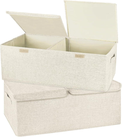 2 Pack Large Storage Boxes with Lids and Handles, Collapsible Linen Storage Bins Organizer