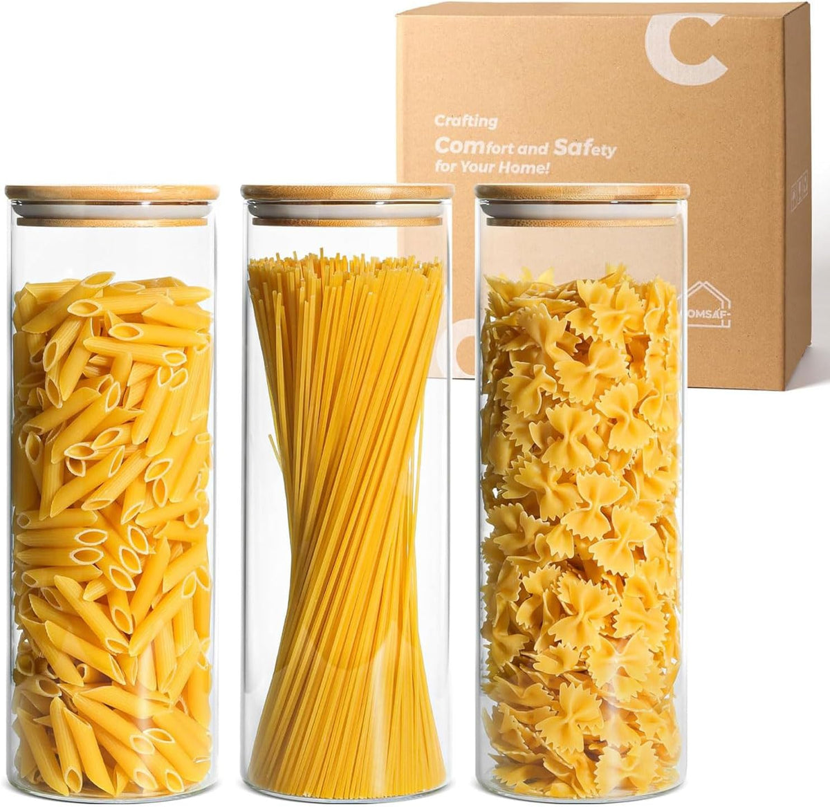 ComSaf Glass Spaghetti Pasta Storage Container with Lids 2 Qt Set of 3, Tall Clear Airtight Food
