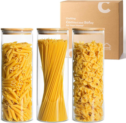 ComSaf Glass Spaghetti Pasta Storage Container with Lids 2 Qt Set of 3, Tall Clear Airtight Food