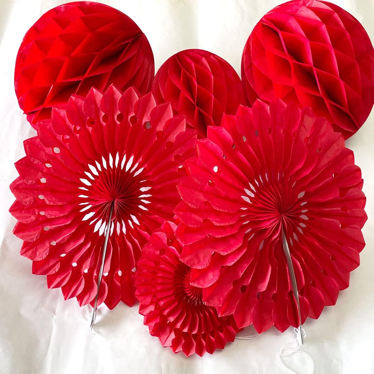 12pcs 6'' 8'' Red Honeycomb Balls Tissue Paper Fans Party Honeycomb Ball Fans Wall Decor Tissue Pom