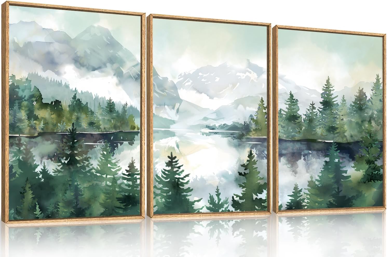 Watercolor Mountain Framed Canvas Wall Art Set, Boho Forest Wall Decor, Nature Green Pines Wall