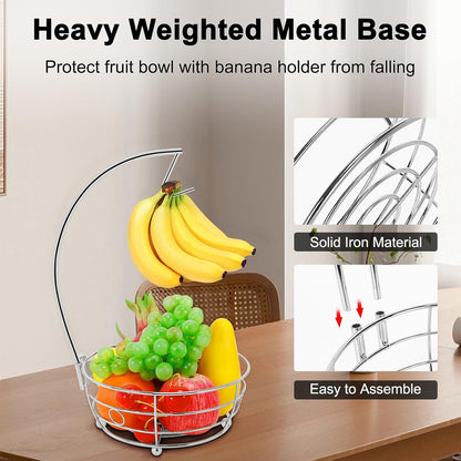 Livabber Countertop Fruit Basket Bowl with Banana Hanger, Modern Standing Fruit Vegetable Bowl