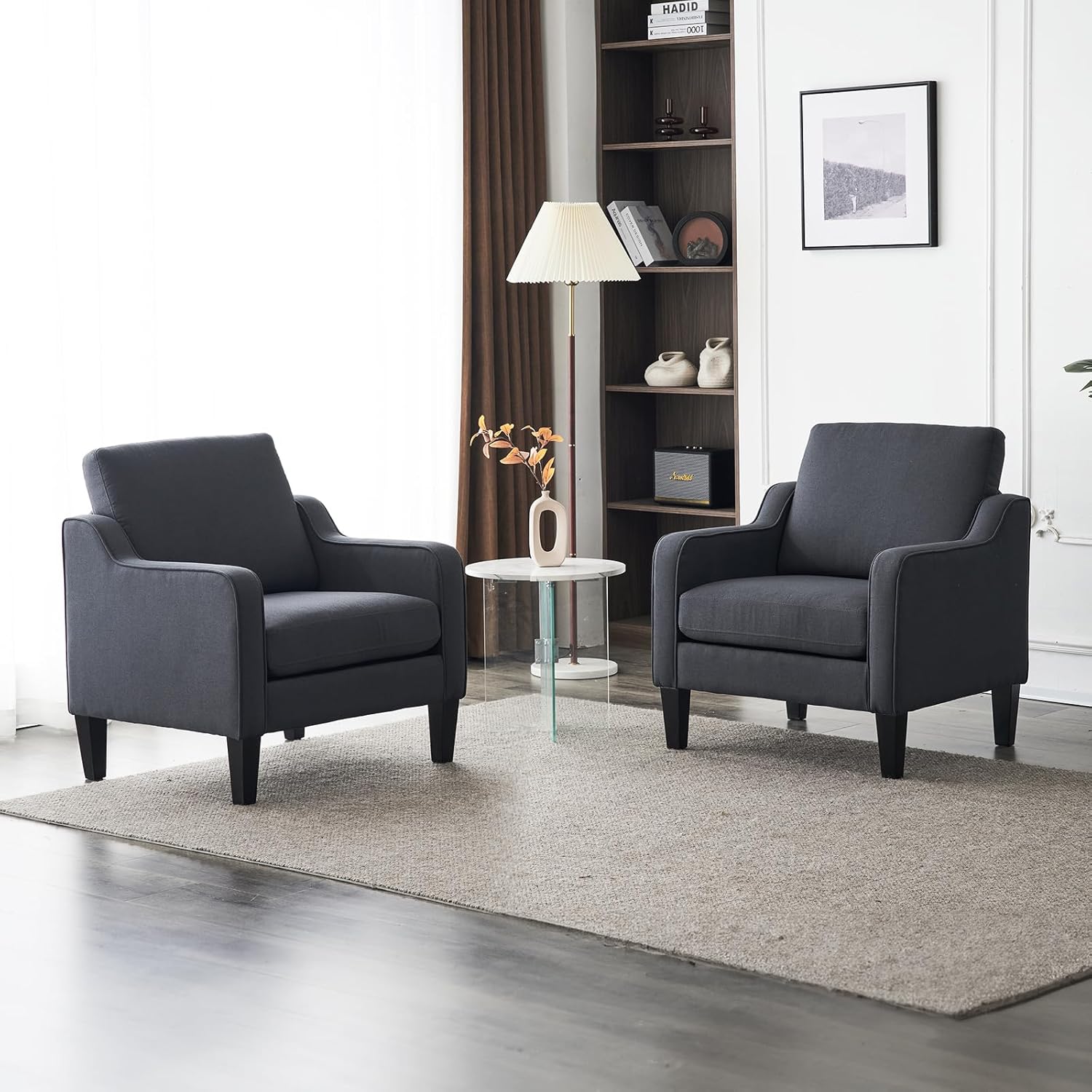 VINGLI Accent Chairs Set of 2 Living Room Chairs Dark Grey Reading Chair for Bedroom Scooped Arm