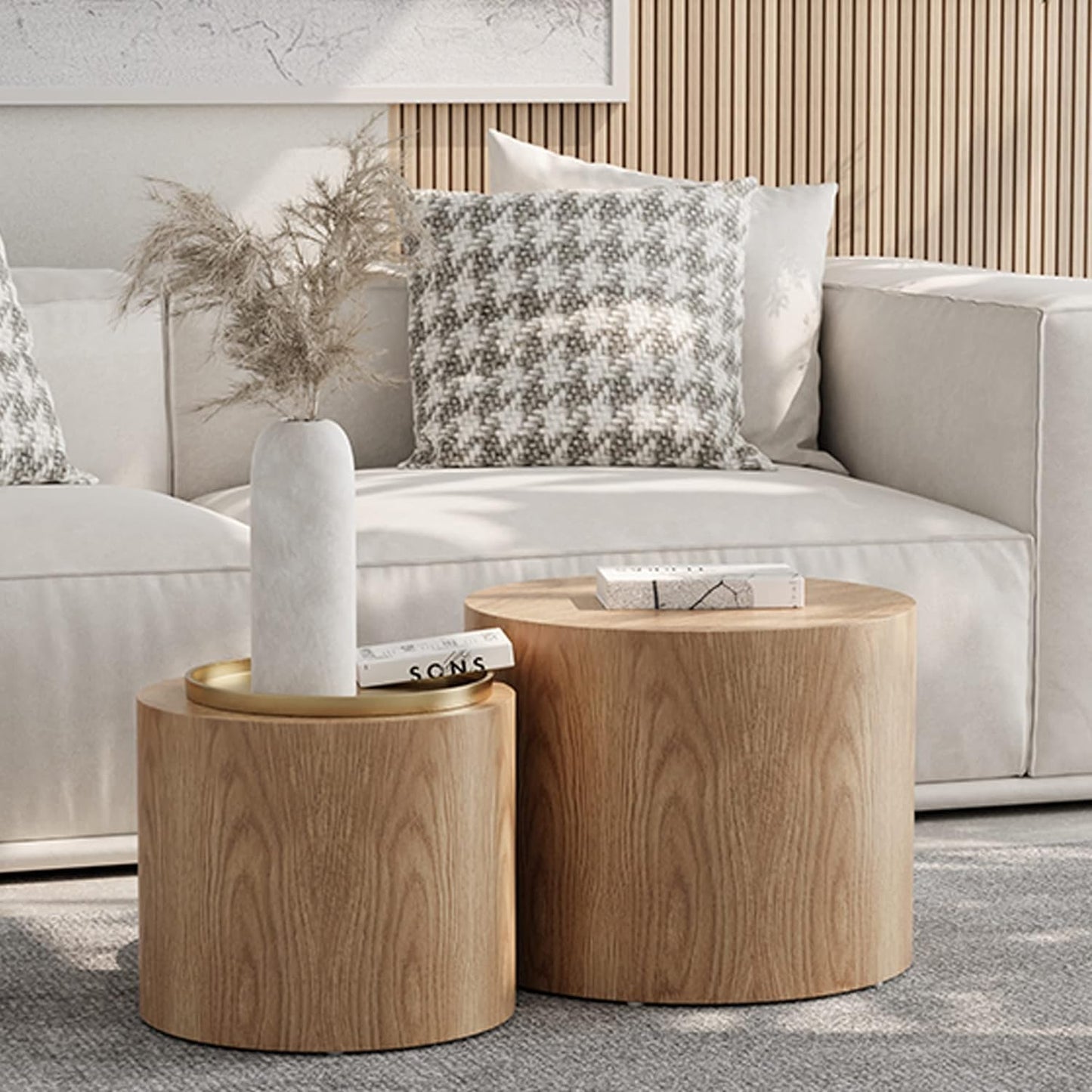 WILLIAMSPACE 18.9" Round Nesting Coffee Table Set of 2, Modern Wooden Coffee Tables Circle Side