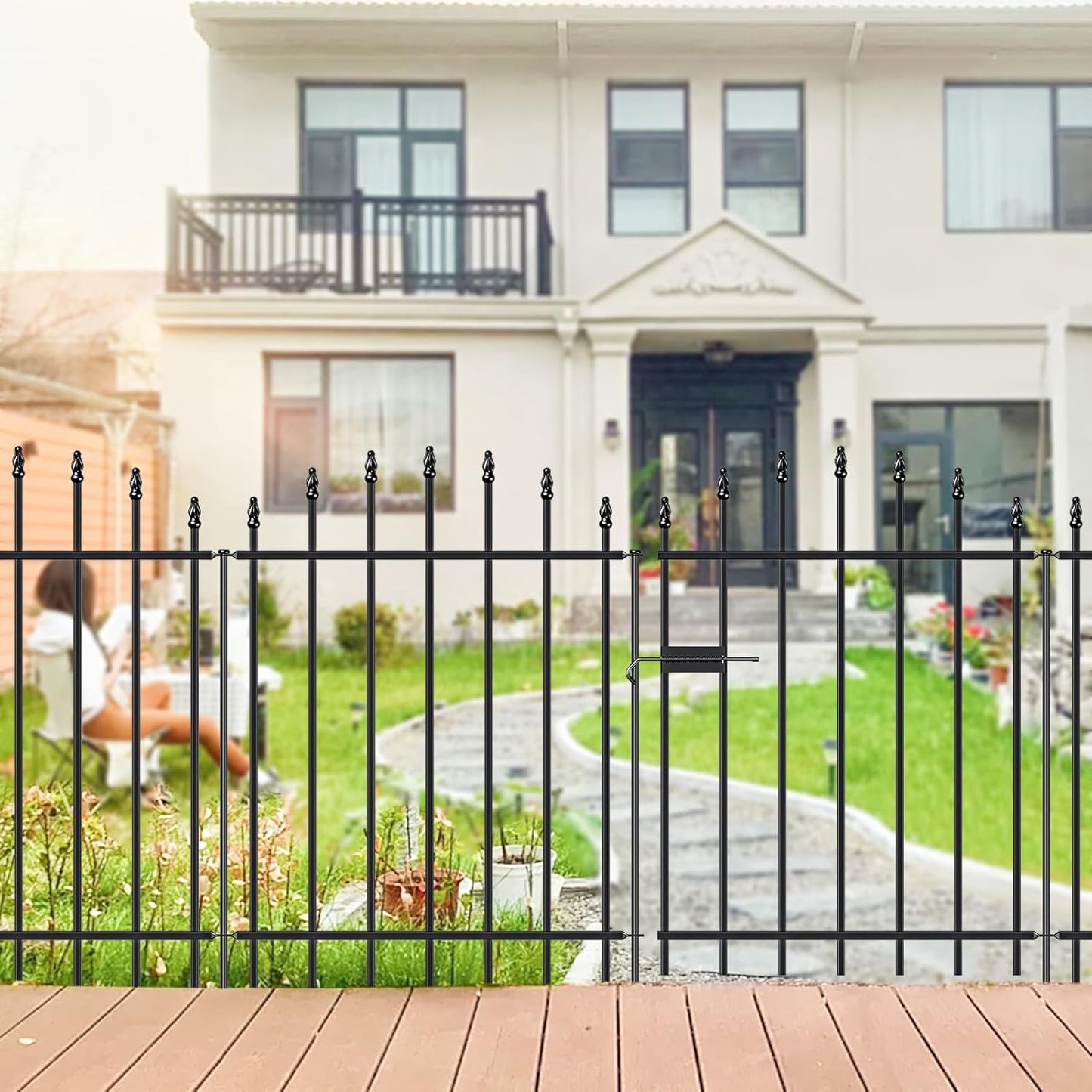 Metal Garden Fence with Gate 32 in H x 12 ft L, 1 Gate + 5 Panels Border Dog Fence Panels Animal