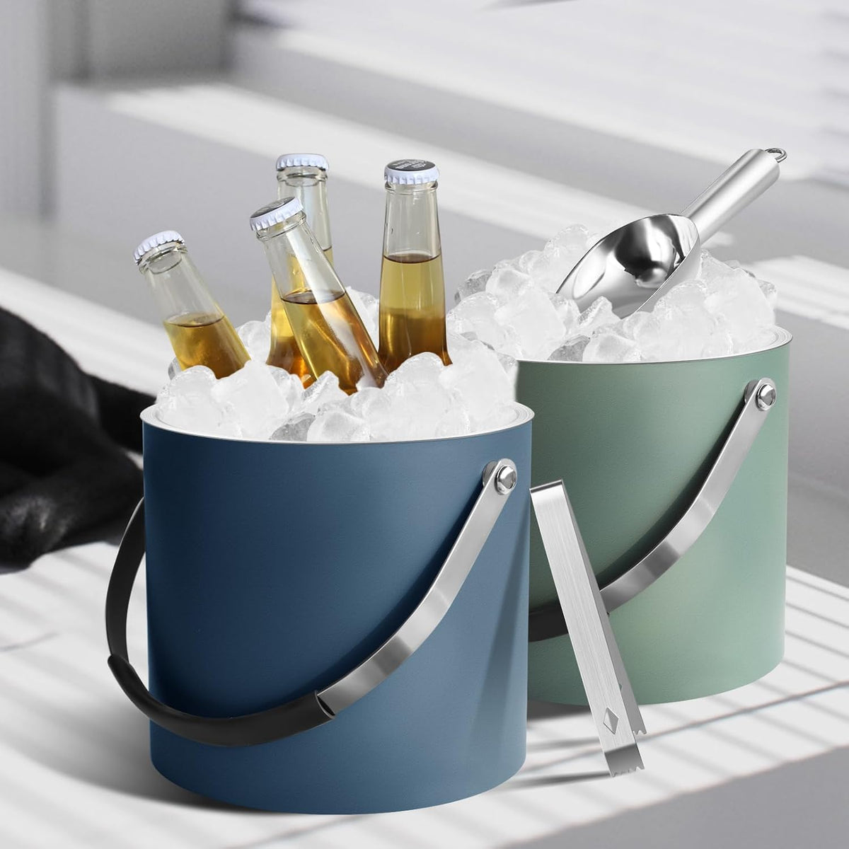 3L Ice Bucket with Silicone Lid, Scoop, Tongs & Strainer, Stainless Steel Double Wall Insulated Ice