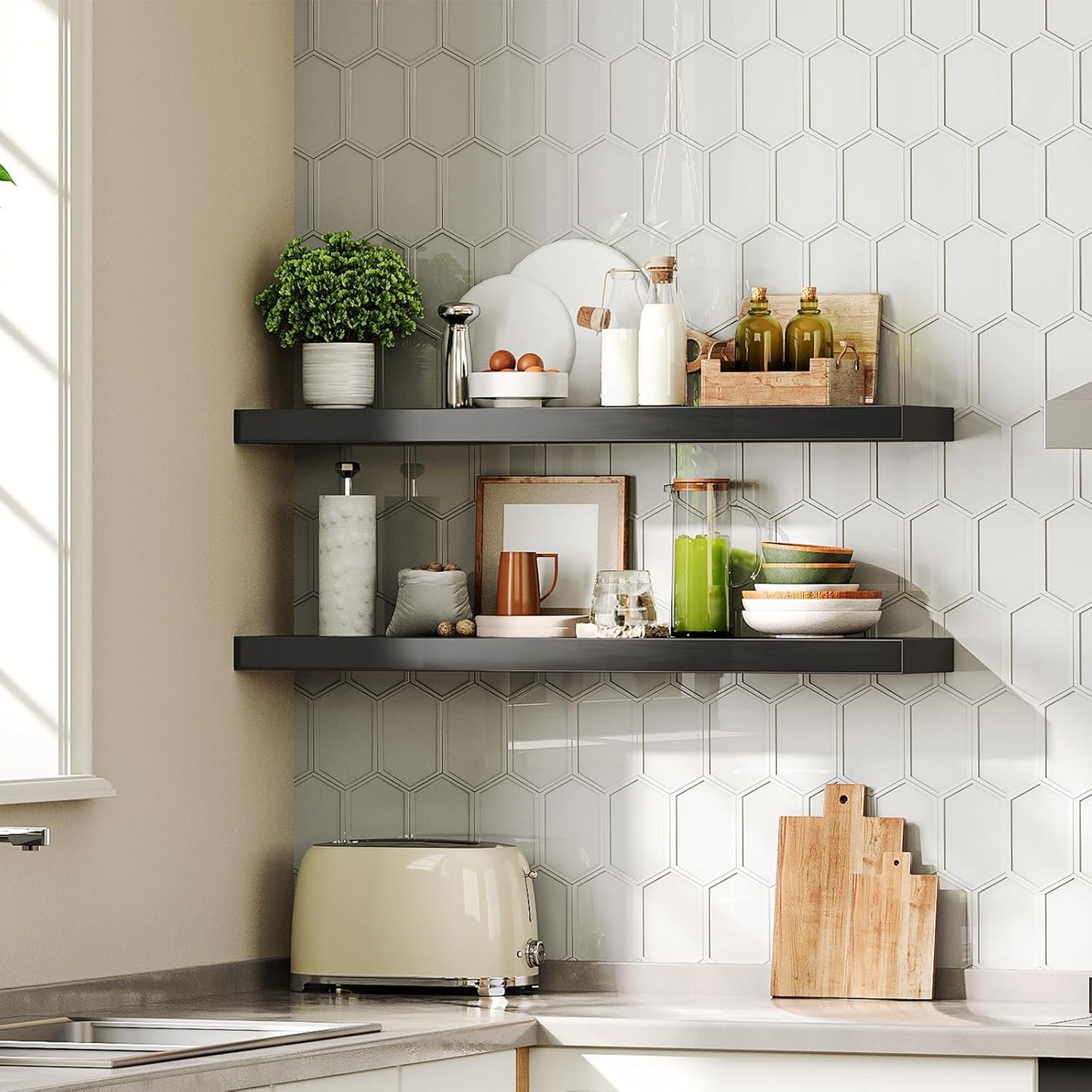HOOBRO Floating Shelves for Wall, Wall Mounted Shelf Set of 2, 31.5" Hanging Shelf with Invisible