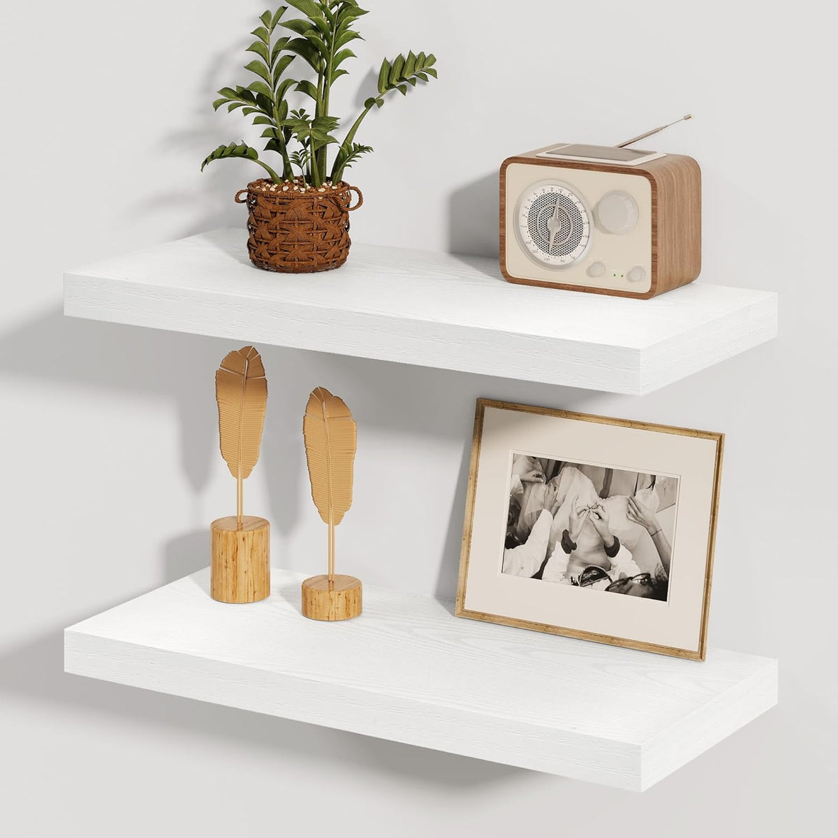 Fun Memories White Floating Shelves, 8 Inch Deep Wall Shelves Set of 2, Rustic Deep Shelves for