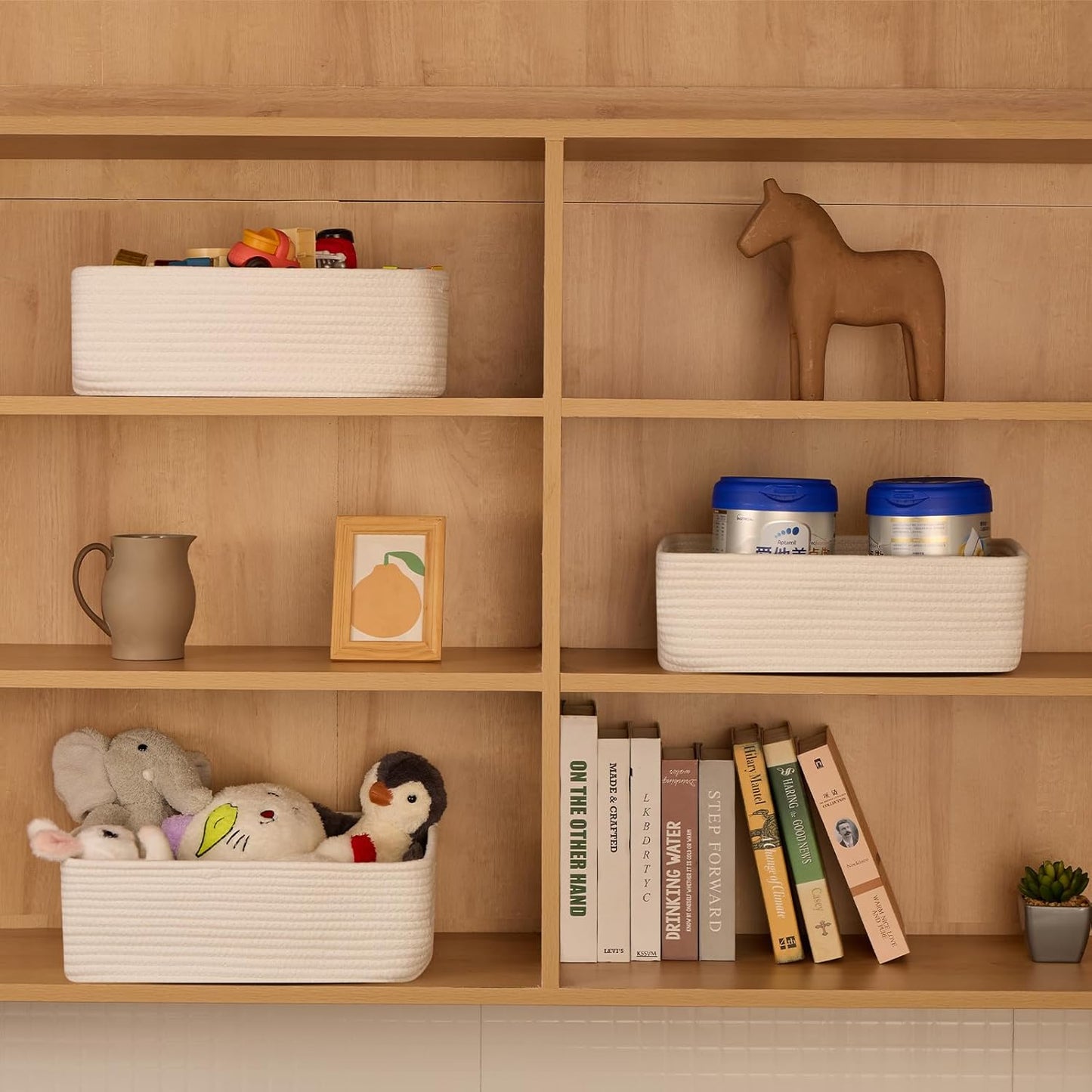 Large Shallow Organizing Baskets 15x11x5.1 Inches - Rope Woven Storage Bins for Bathroom, Shelves