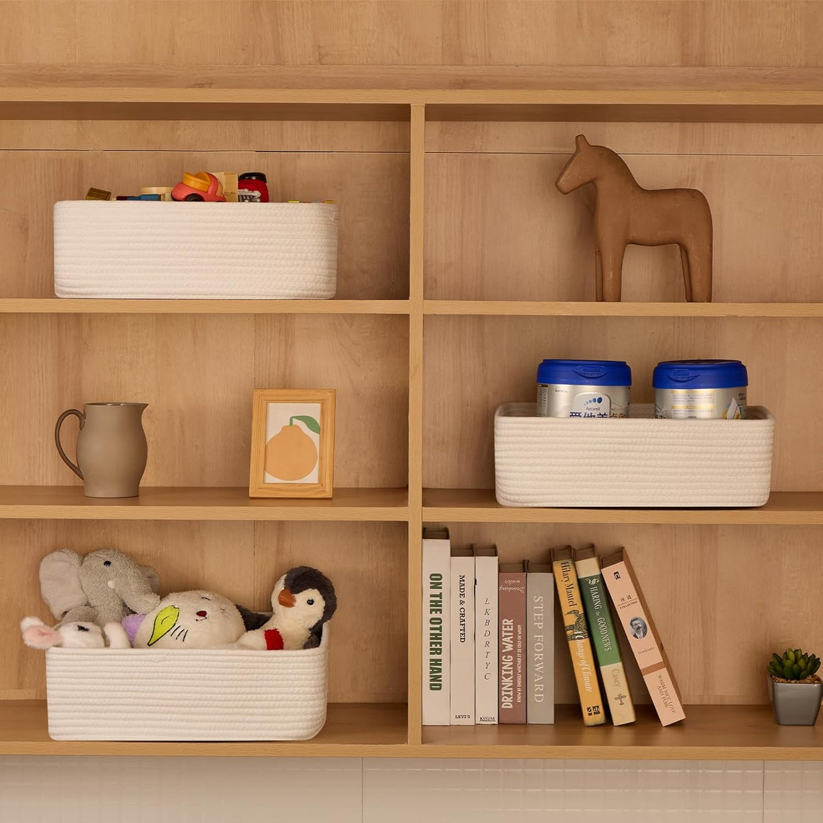 Large Shallow Organizing Baskets 15x11x5.1 Inches - Rope Woven Storage Bins for Bathroom, Shelves