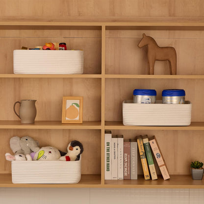 Large Shallow Organizing Baskets 15x11x5.1 Inches - Rope Woven Storage Bins for Bathroom, Shelves