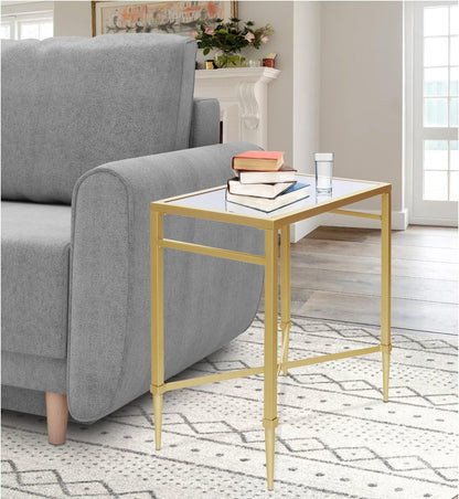 Gold End Table, Rectangle Side Table with Mirrored Top, Modern Metal End Table, Small Narrow Side