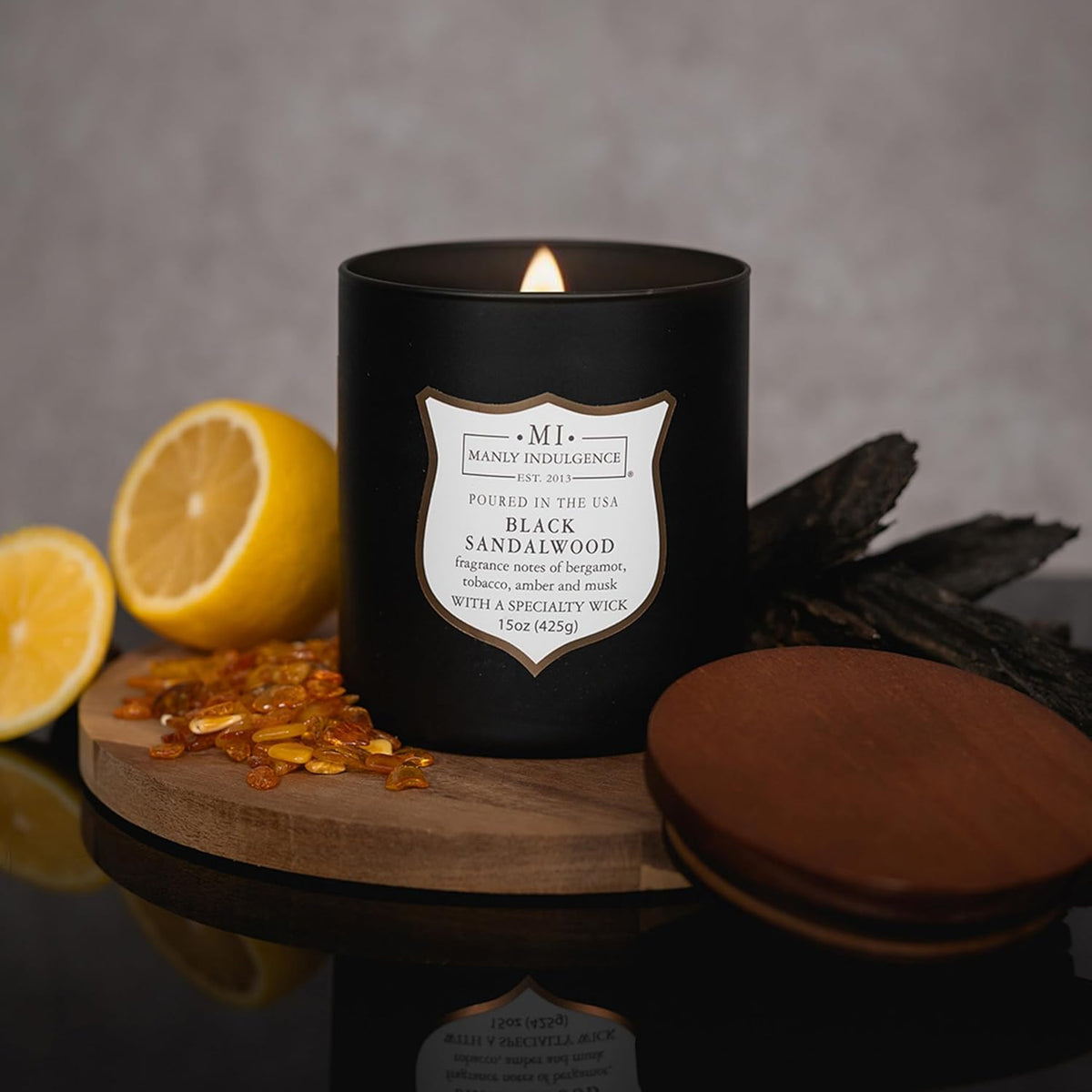 Manly Indulgence Black Sandalwood Scented Candle for Men 15 oz – Bergamot, Tobacco, Amber & Musk