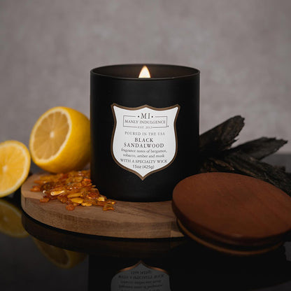 Manly Indulgence Black Sandalwood Scented Candle for Men 15 oz – Bergamot, Tobacco, Amber & Musk