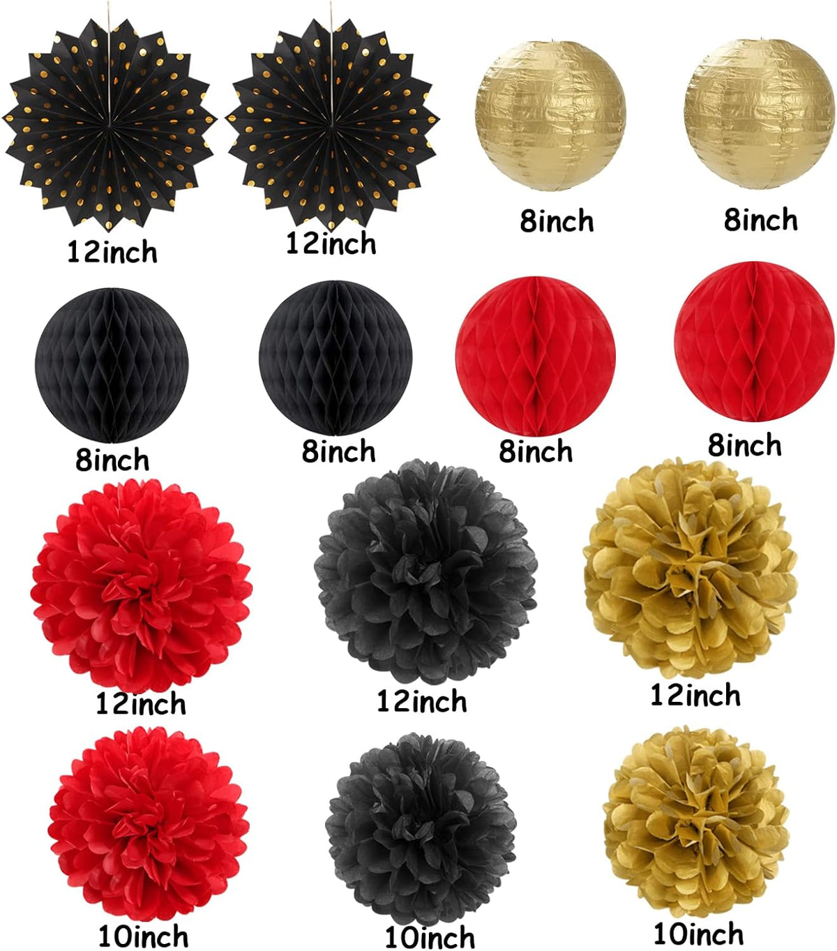 Red-Black Gold Party Decorations Streamers Lanterns - 14pcs Casino-Theme Graduation 2025 Paper