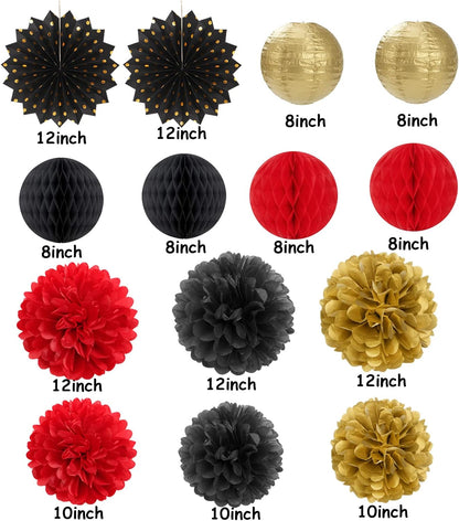 Red-Black Gold Party Decorations Streamers Lanterns - 14pcs Casino-Theme Graduation 2025 Paper
