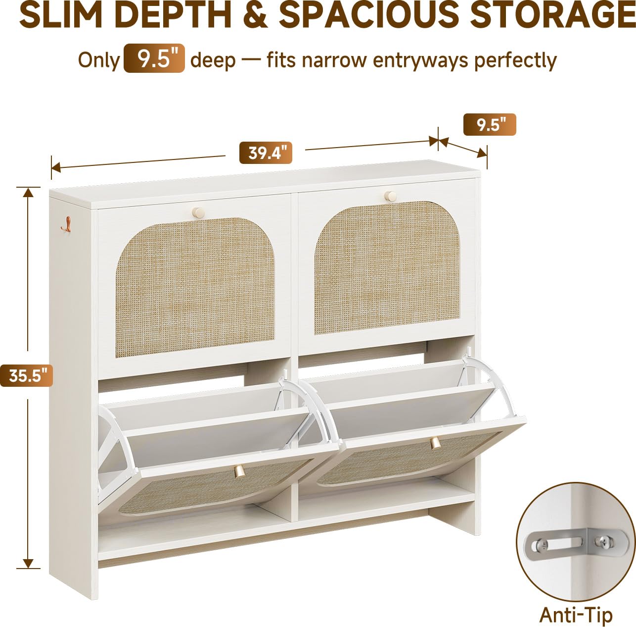 Nicetree Freestanding Ultra Slim Arched Rattan Accent Shoe Storage Cabinet for Entryway - 4 Flip