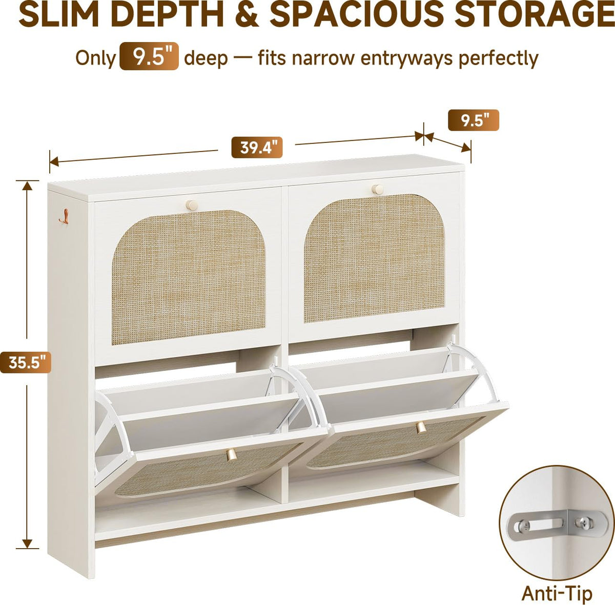 Nicetree Freestanding Ultra Slim Arched Rattan Accent Shoe Storage Cabinet for Entryway - 4 Flip