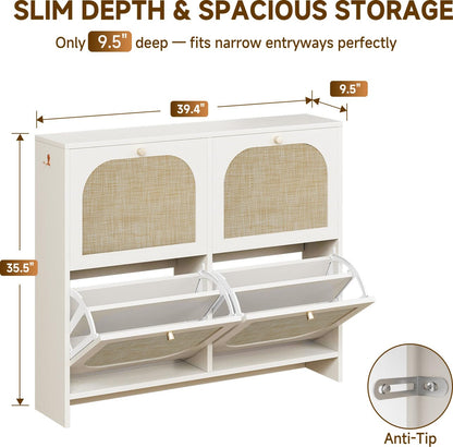 Nicetree Freestanding Ultra Slim Arched Rattan Accent Shoe Storage Cabinet for Entryway - 4 Flip