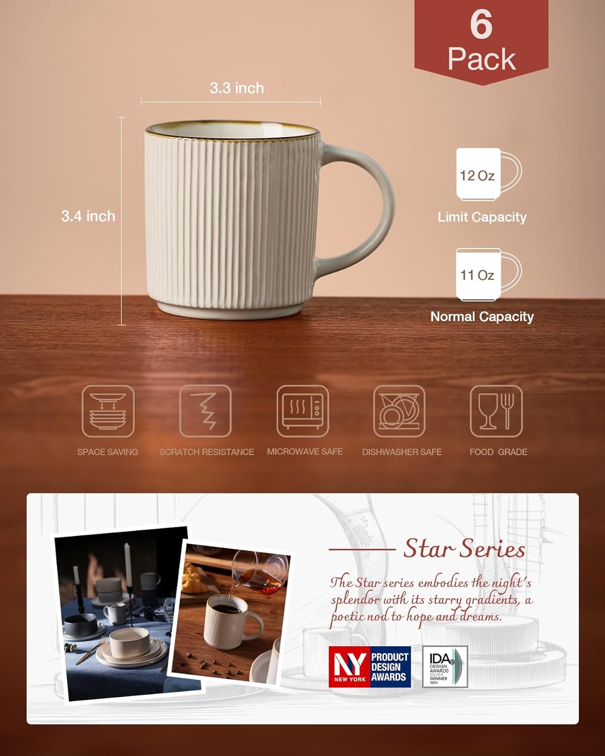 famiware Coffee Mug Set for 6, Star 12 oz Catering Mugs Cup Set with Handle for Coffee, Tea, Cocoa