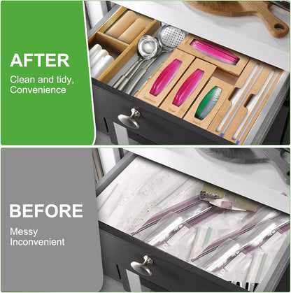 Individual Storage Bag Organizer for Kitchen Drawer, Bamboo with Foil and Plastic Wrap Organizer