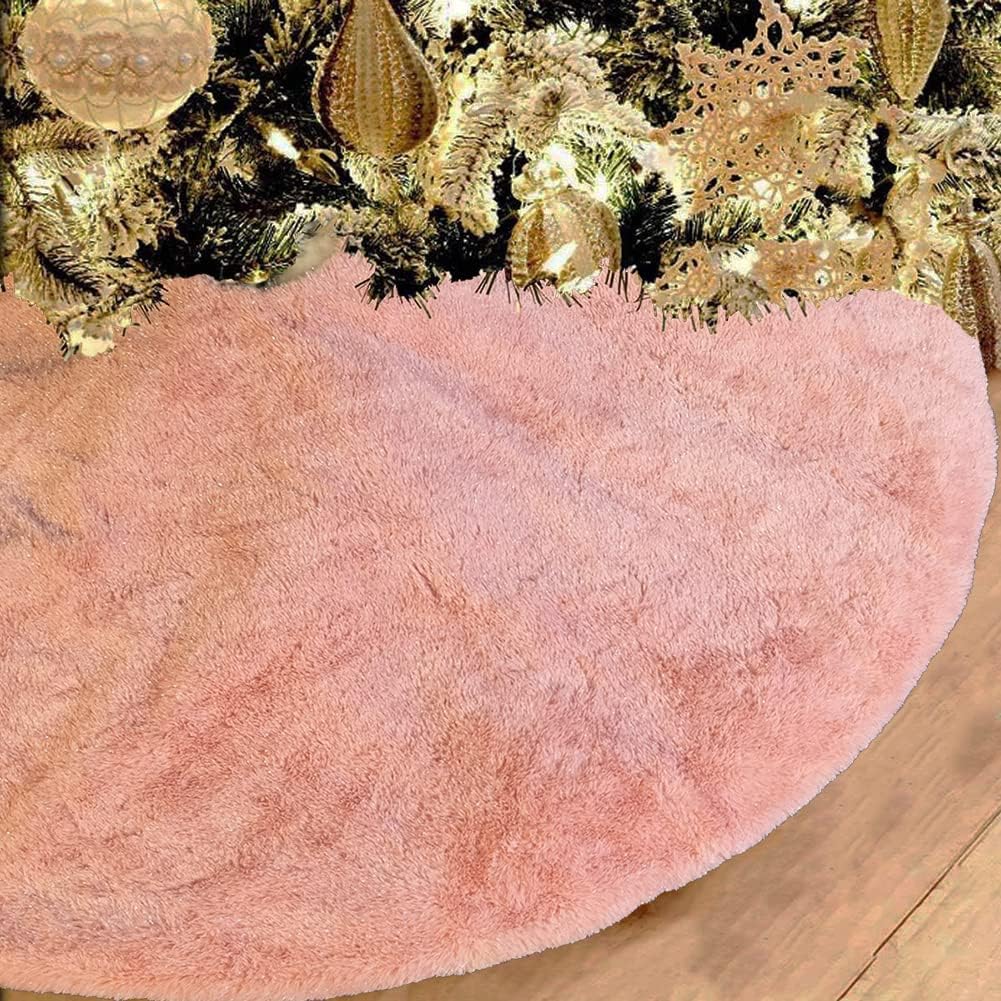 AOGU 48 Inch Faux Fur Christmas Tree Skirt Pink Shiny Plush Skirt for Merry Christmas Party