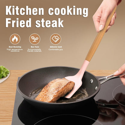 Silicone Cooking Utensils Set - Silicone Kitchen Utensils for Cooking Wooden Handles, 446°F Heat