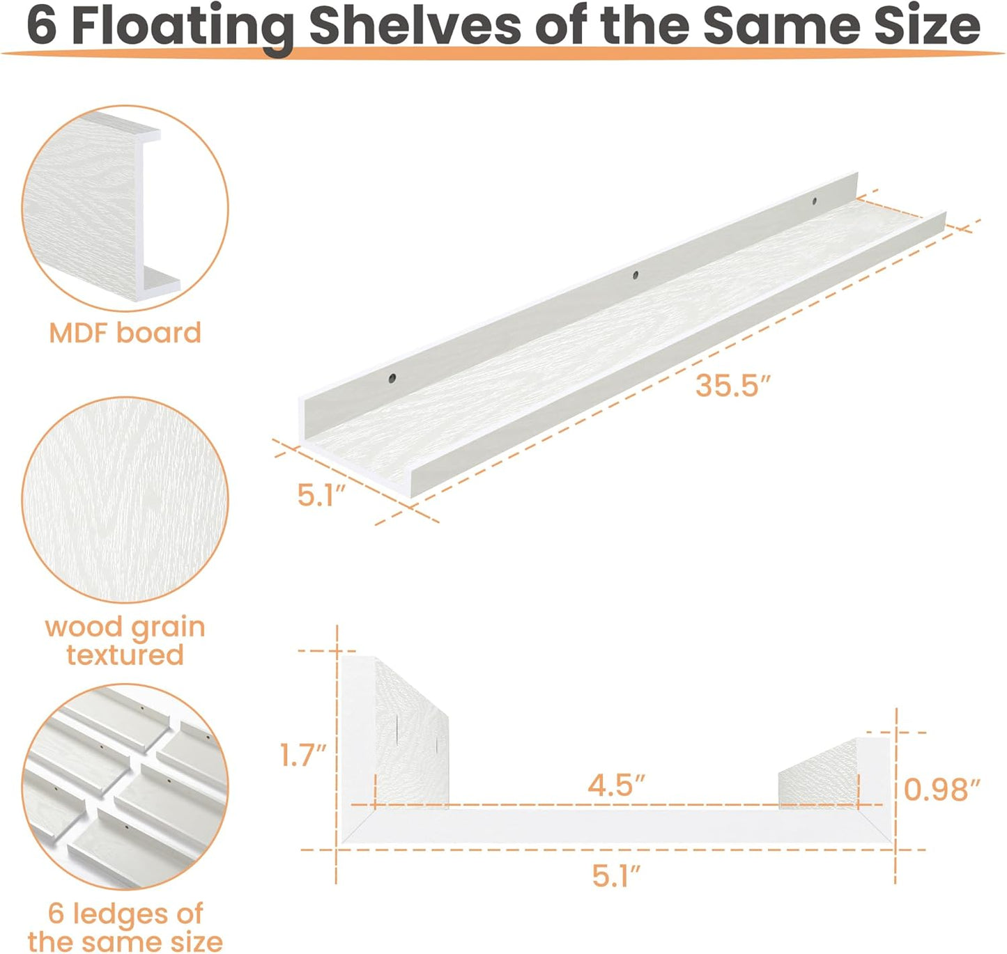 upsimples Floating Shelves for Wall, Wall Shelves for Decor Storage Set of 6, Wall Mounted Wood