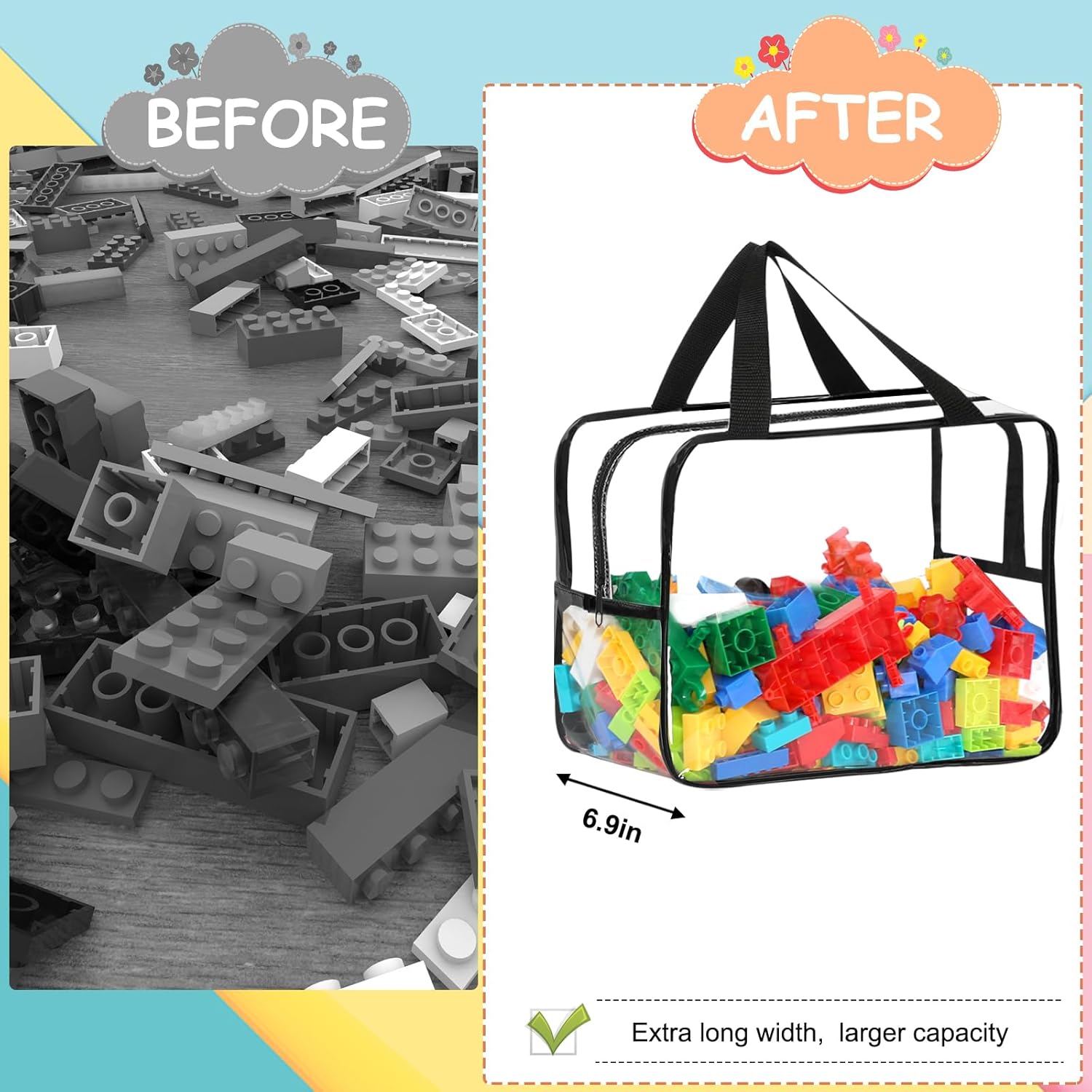 6 Packs Widen X-Large Toy Storage Bags 12.6×9.25×6.9In with Labels, Reusable Clear PVC Board Game