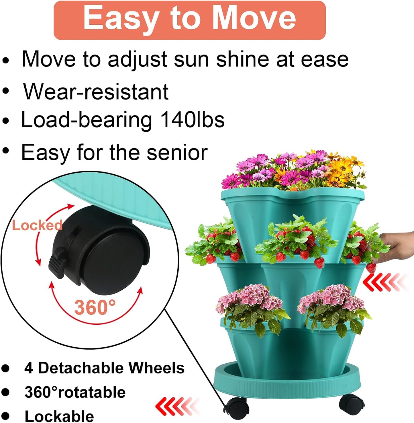 DUNCHATY Stackable Planter, Vertical Garden Planter with Wheels and Tools, Self Watering Strawberry