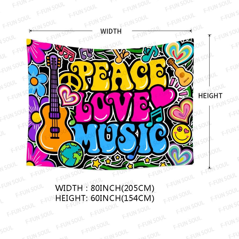 F-FUN SOUL Peace Love and Music Tapestry, 80x60inches Soft Flannel, Guitar Symbol Dove Flowers