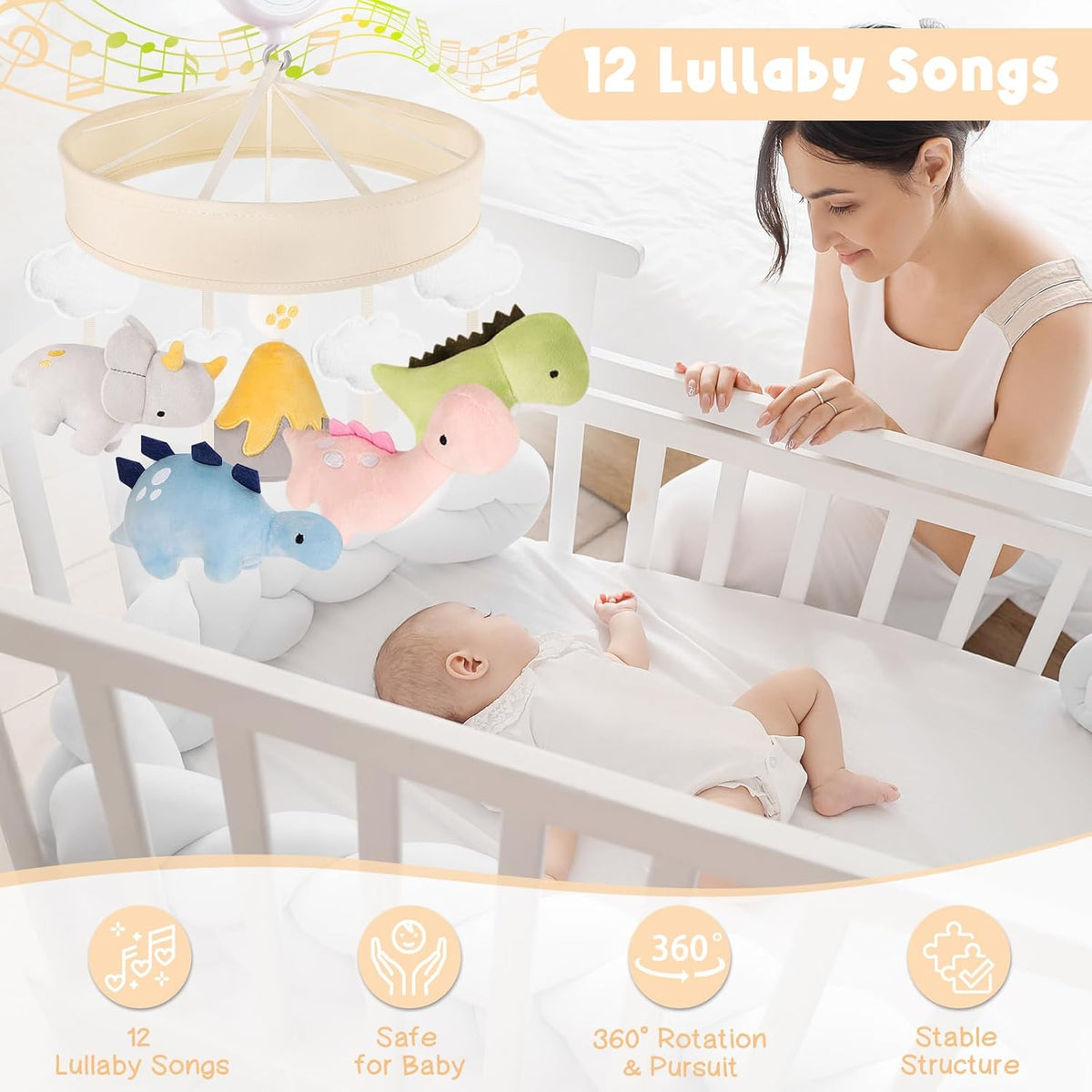 Dinosaur Crib Mobile – Beige Dino Baby Crib Mobile with 3-Mode Music Box, Nursery Mobile with