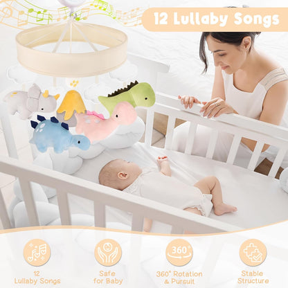 Dinosaur Crib Mobile – Beige Dino Baby Crib Mobile with 3-Mode Music Box, Nursery Mobile with