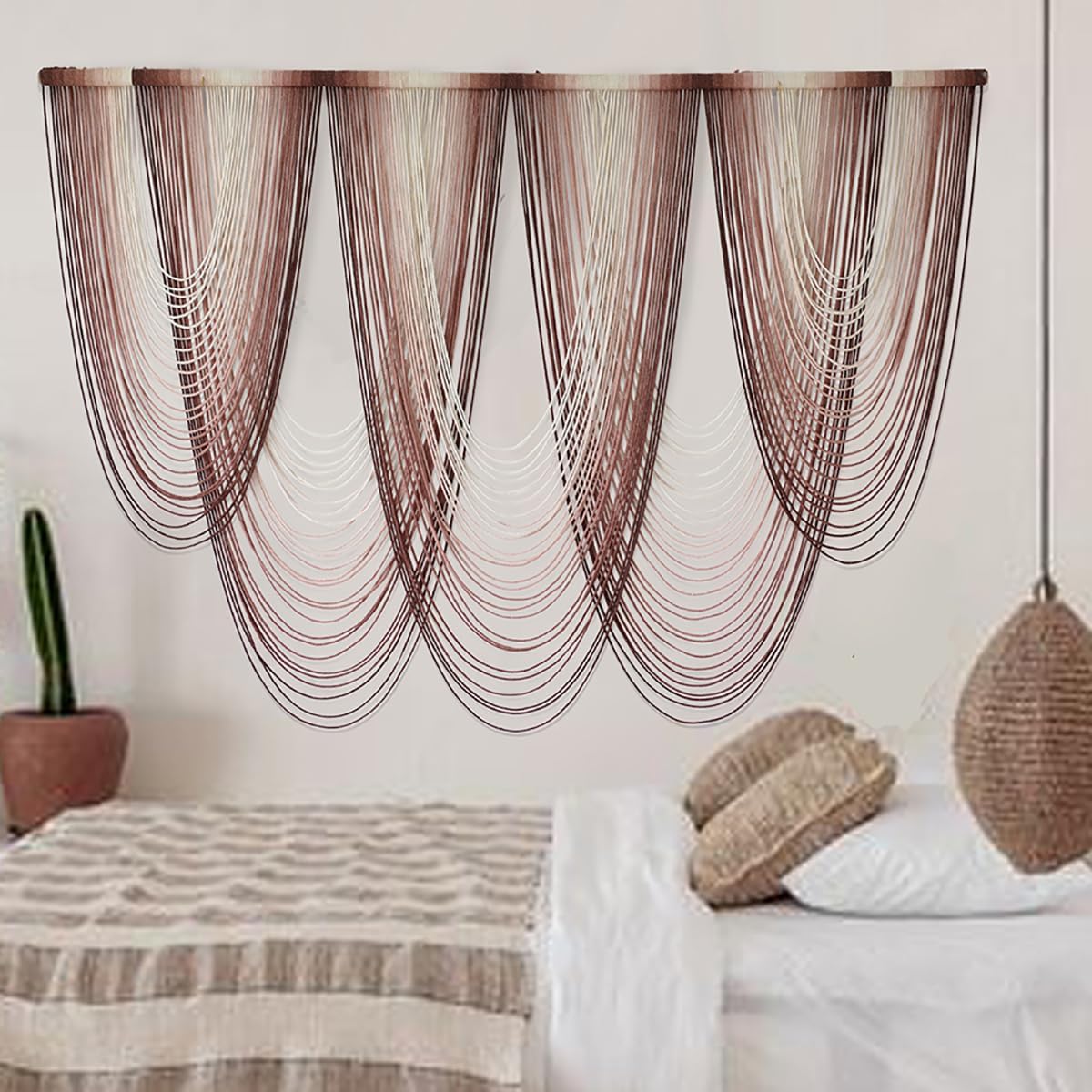 IOWER Macrame Wall Hanging Pink Dip-Dyed Large Macrame Wall Decor For Living Room Boho Fiber Art
