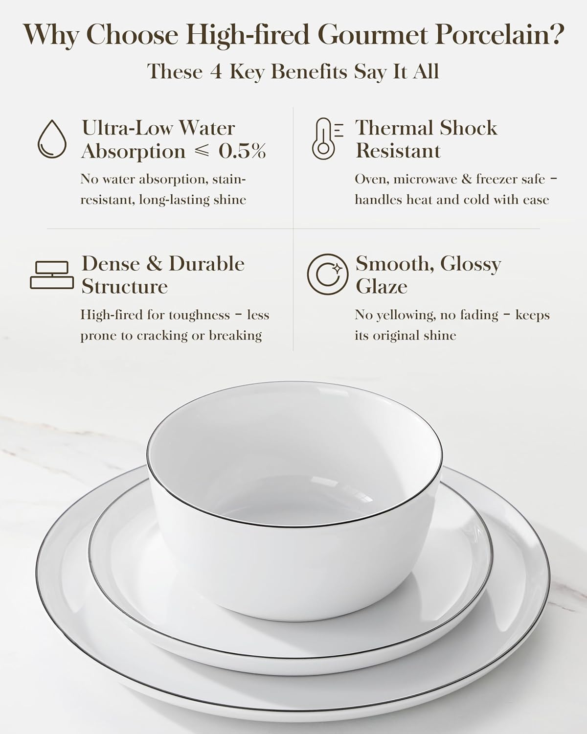MALACASA 24 Pieces Gourmet Porcelain Dinnerware Sets, Premium Plates and Bowls Set, High-Fired