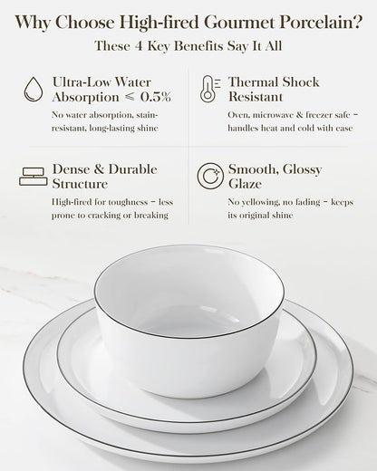 MALACASA 24 Pieces Gourmet Porcelain Dinnerware Sets, Premium Plates and Bowls Set, High-Fired