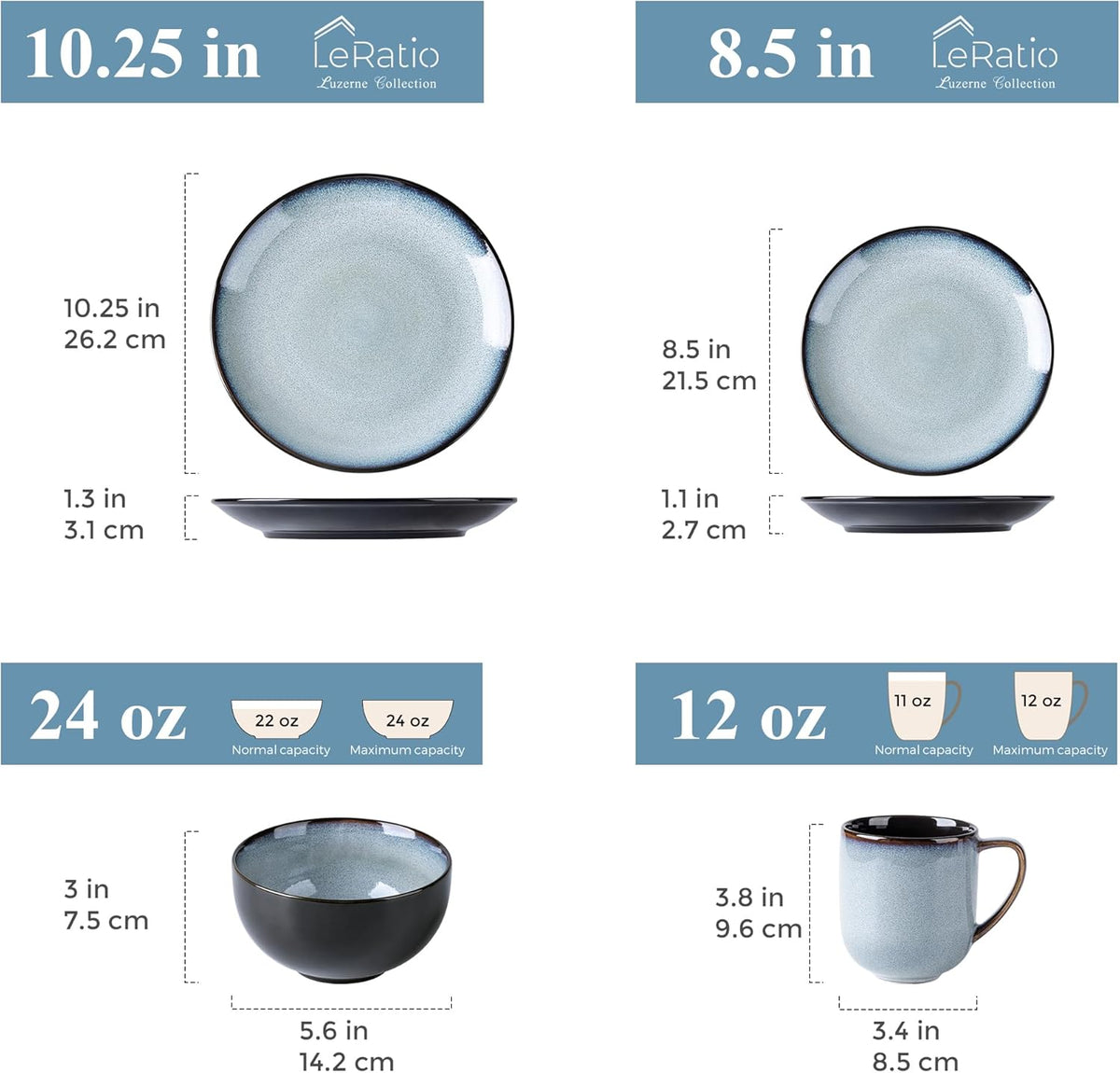 LERATIO Ceramic Dinnerware Sets for 4,16-Piece Reactive Glaze Plates and Bowls Set with Mugs,Highly