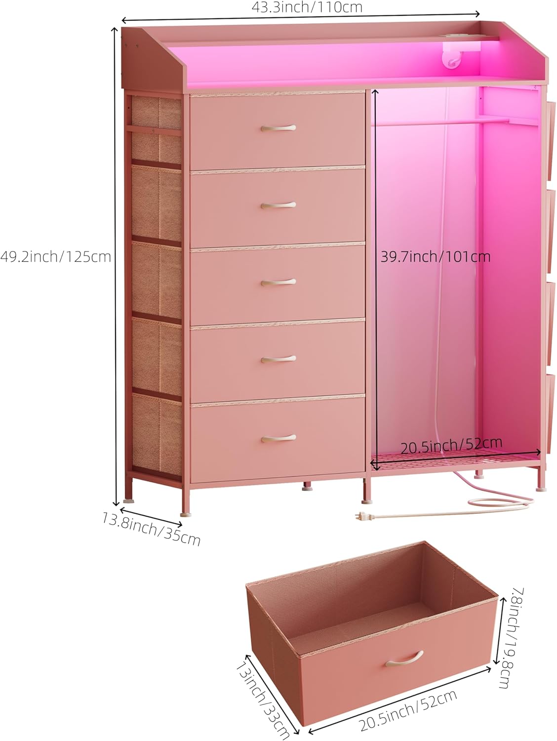 LUMTOK 2-in-1 Dresser with Hanging Racks,5 Fabric Drawers Dressers with LED Lights, Charging