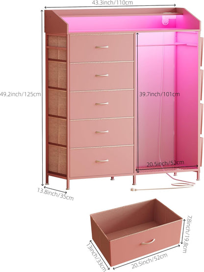 LUMTOK 2-in-1 Dresser with Hanging Racks,5 Fabric Drawers Dressers with LED Lights, Charging