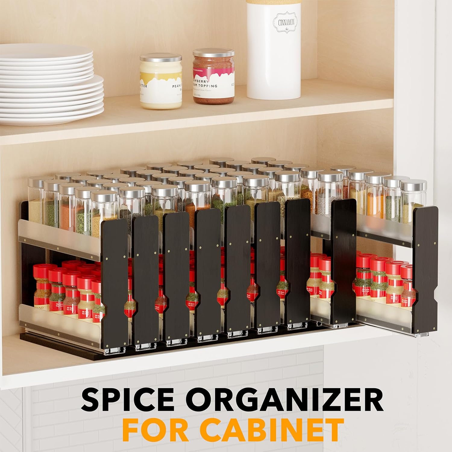 SpaceAid Bamboo Pull Out Spice Rack Organizer for Cabinet, Heavy Duty Slide Out Seasoning Kitchen