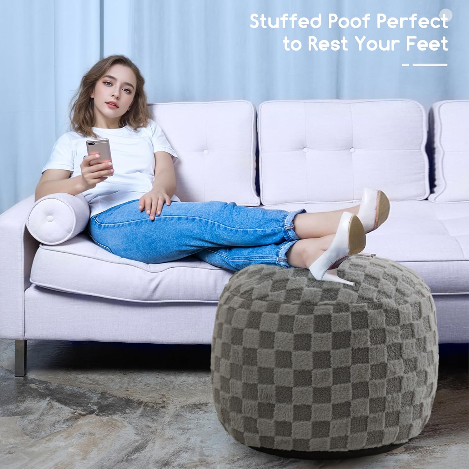 HIGOGOGO Round Stuffed Pouf Ottoman, Plaid Poufs with Foam Chunk Filling, Fluffy and Furry Pouf