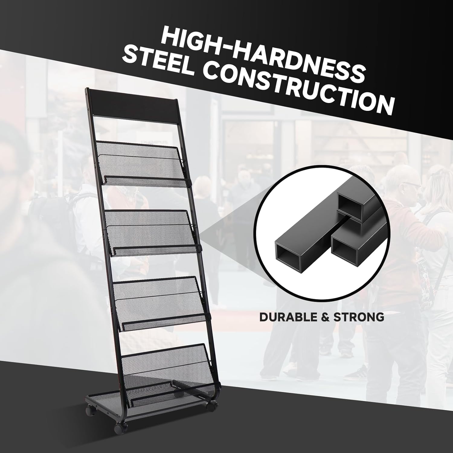 Floor-Standing Magazine Rack 4-Layer with Wheels, Brochure Display Stand for Exhibitions, Office