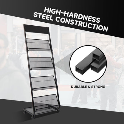 Floor-Standing Magazine Rack 4-Layer with Wheels, Brochure Display Stand for Exhibitions, Office